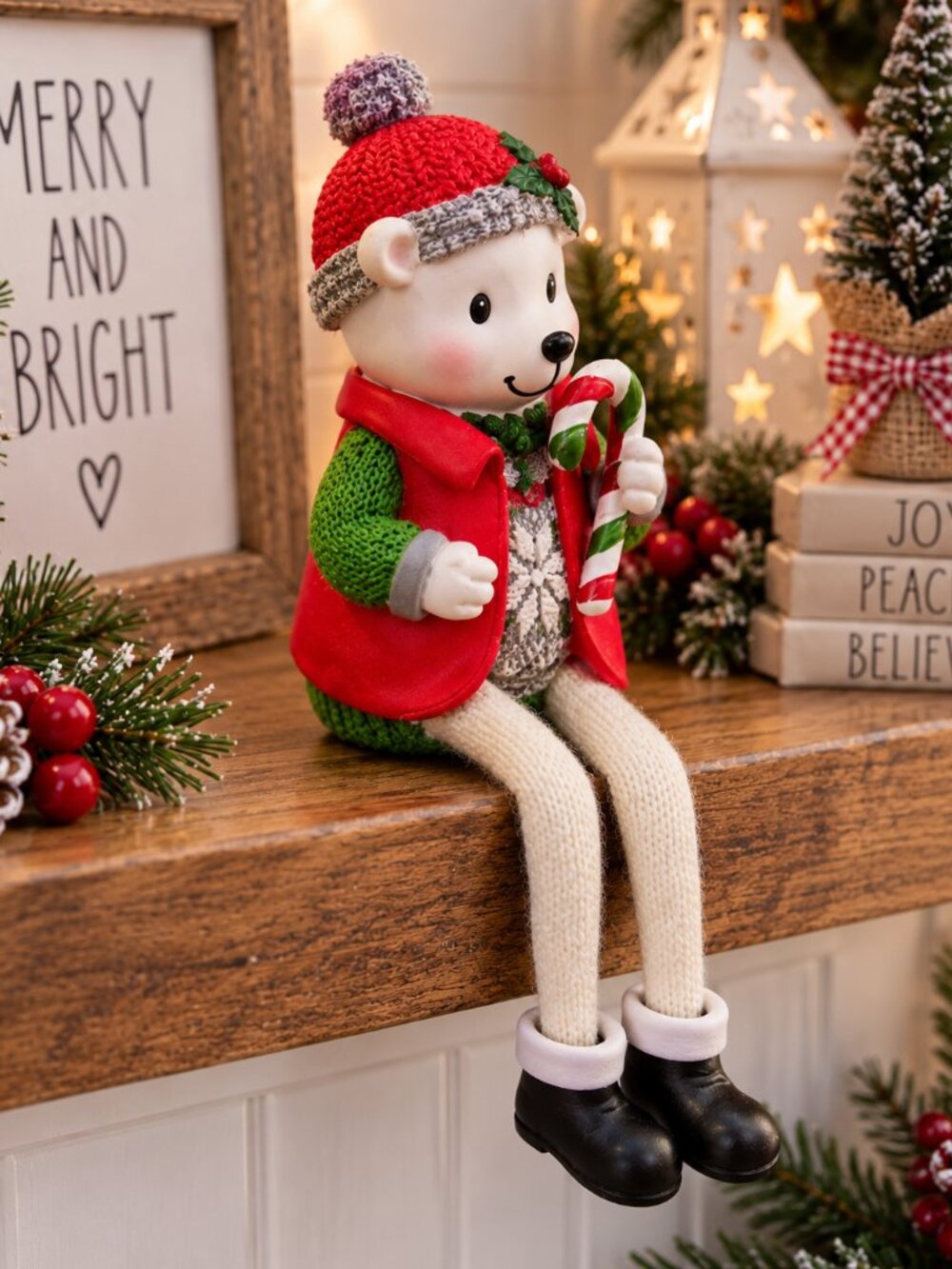 Vintage Christmas Bear Figurine with Dangling Knit Legs Candy Cane 3.5”